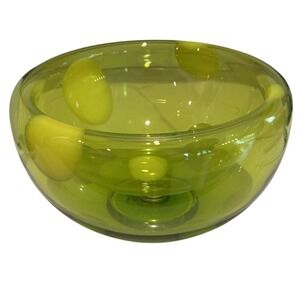 Kosta Boda Kjell Engman Bon Bon Green Yellow Polka Dot Art Glass Bowl Signed